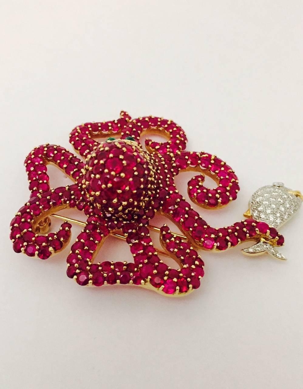 Contemporary  Marvin Katz Outrageous Octopus Ruby Diamond Brooch 