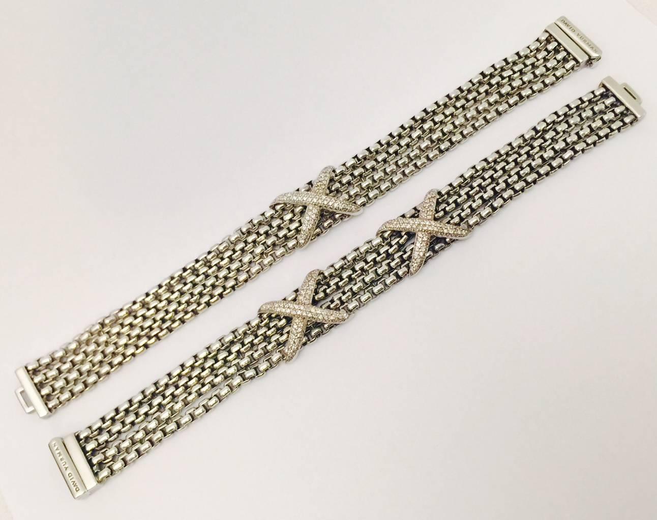 David Yurman Sterling Silver Box Chain Bracelet with Two Diamond X's For Sale 1