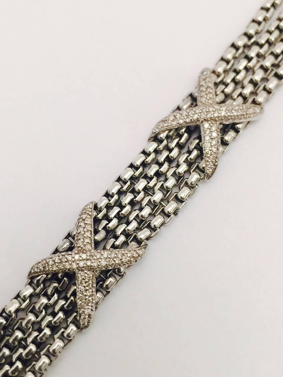 Contemporary David Yurman Sterling Silver Box Chain Bracelet with Two Diamond X's For Sale