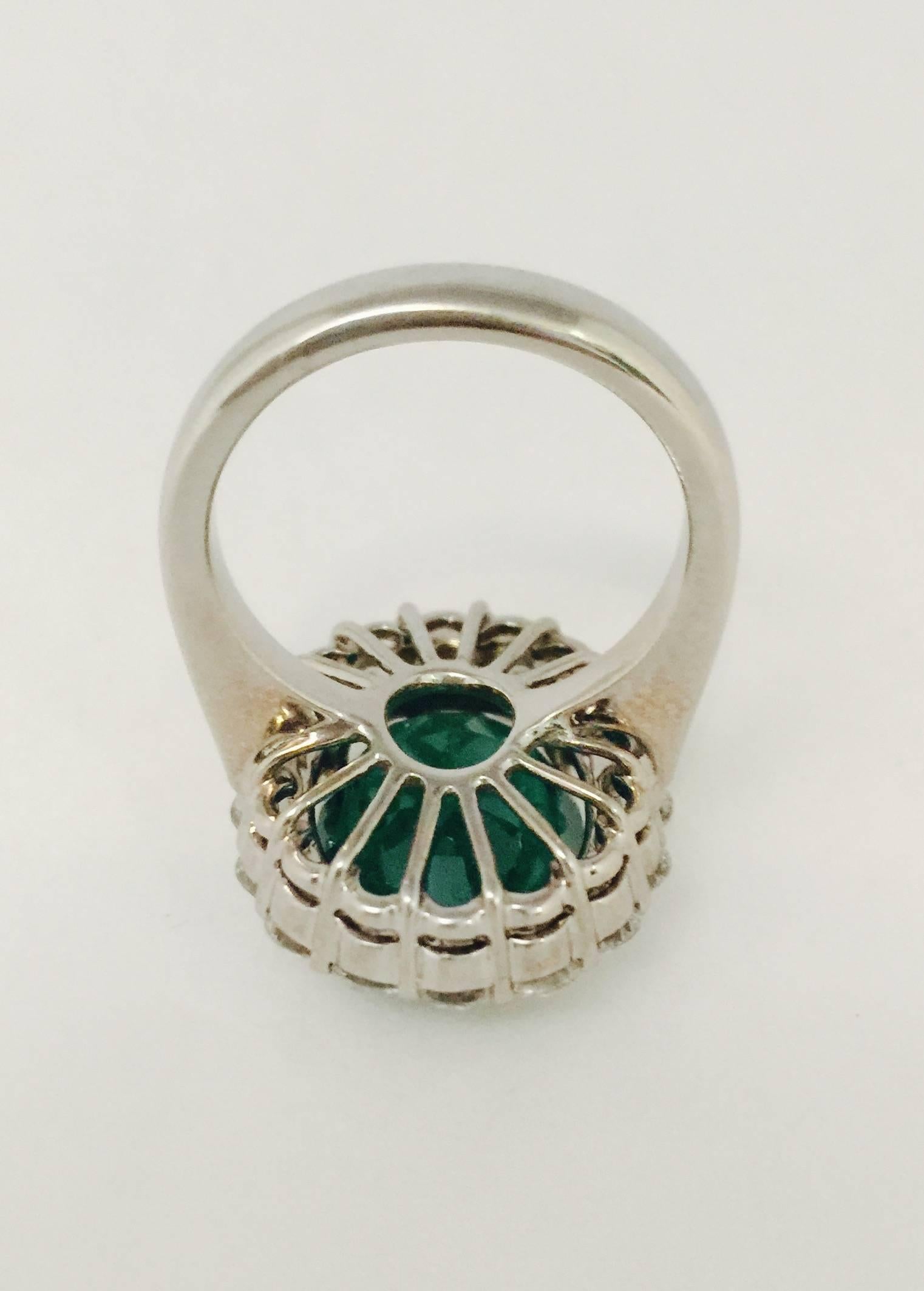 Captivating Colombian Emerald White Gold Framed by White Diamonds For Sale 1