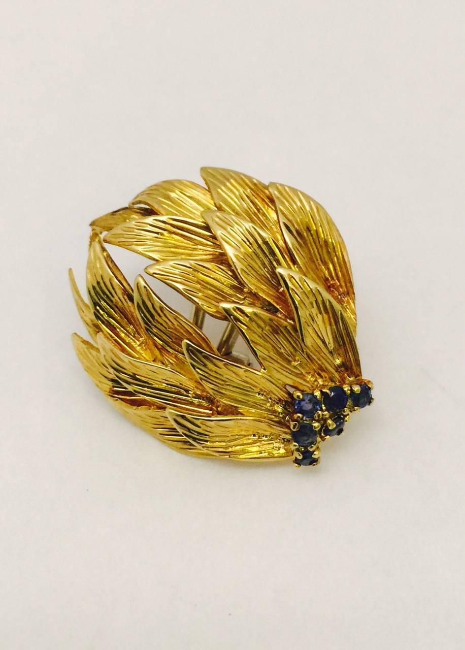 Contemporary 1960s Luscious Leaves and Sapphire Gold Earrings For Sale