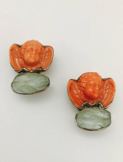 Rebecca Collins Sterling Silver Carved Coral Angels and Quartz Earrings