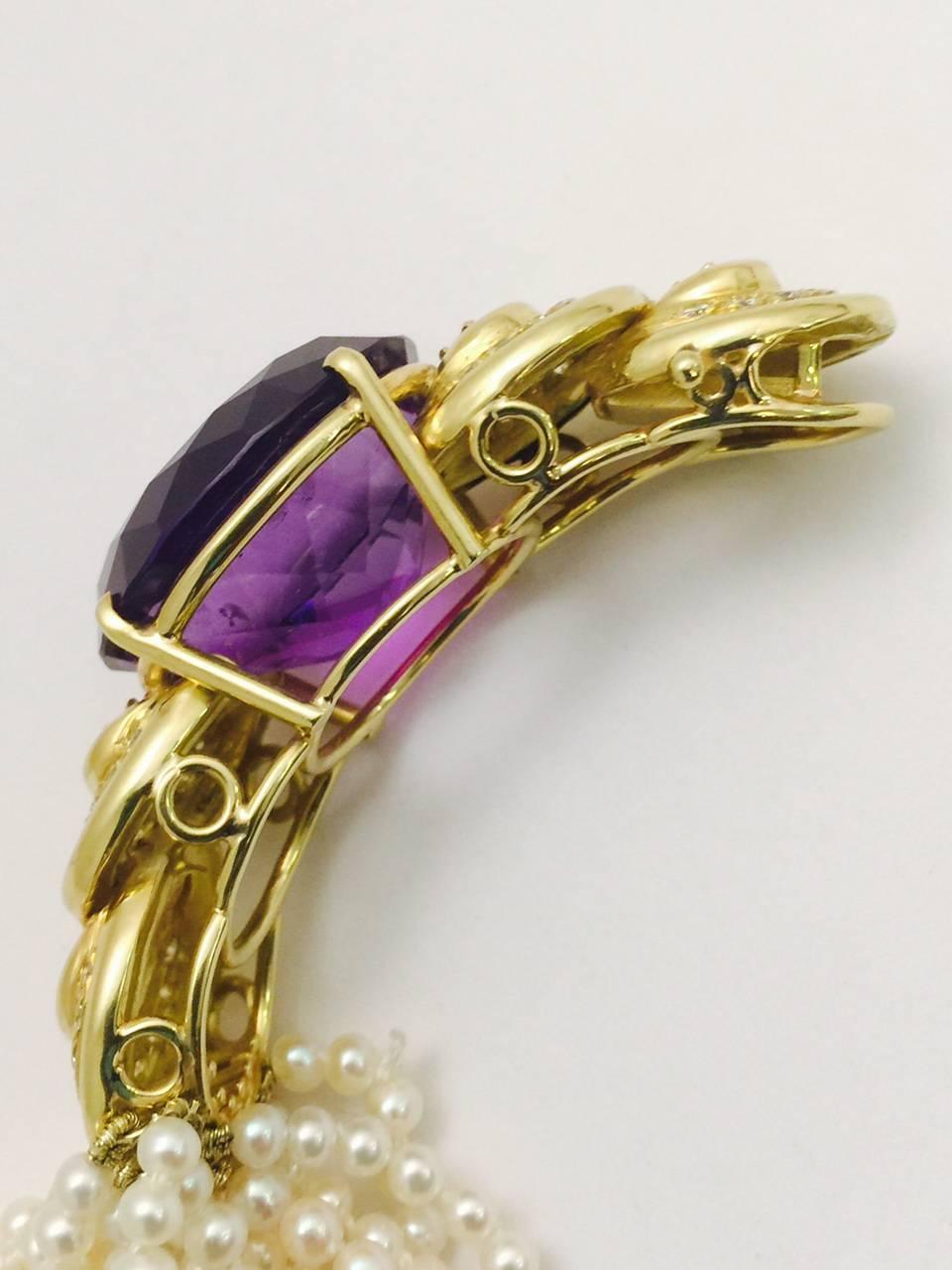 Amethyst Seed Pearl Diamond Yellow Gold Bracelet In Excellent Condition In Palm Beach, FL