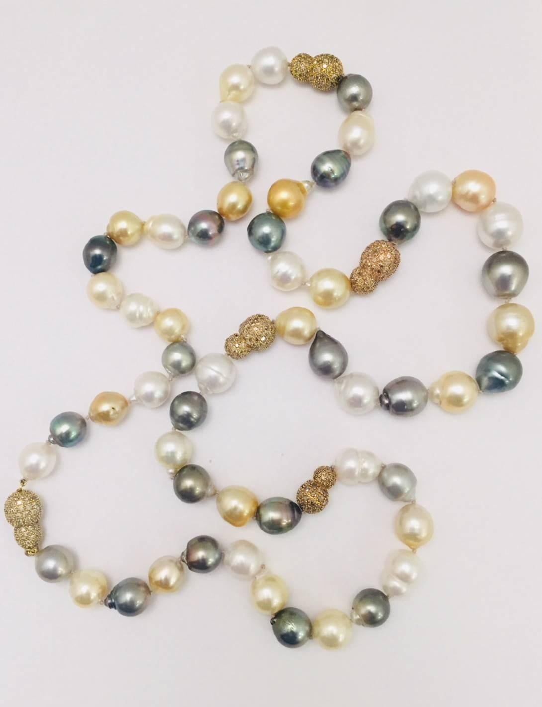 Magnificent, unique necklace features Baroque Pearls in a multitude of alluring colors, including white, black and even gold!  Five 18K Yellow Gold and pave diamond stations are inspired by the natural beauty and shape of the 46 irregular pearls