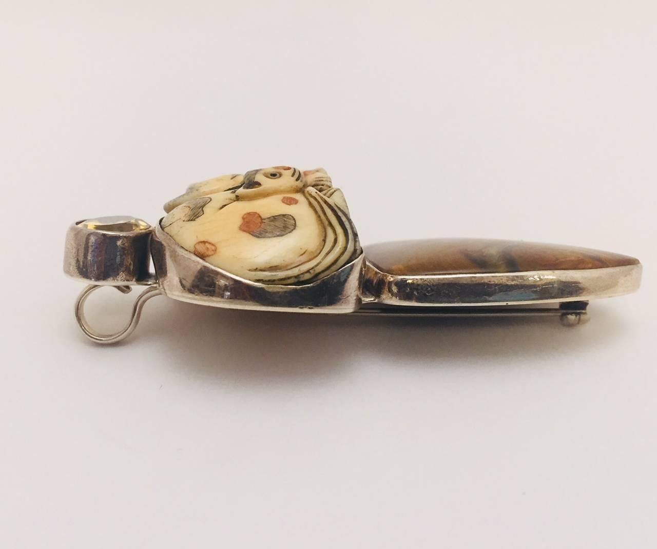 Contemporary Sterling Silver Amy K. Russell Carved, Etched Bone Cats, Agate, Citrine Brooch For Sale