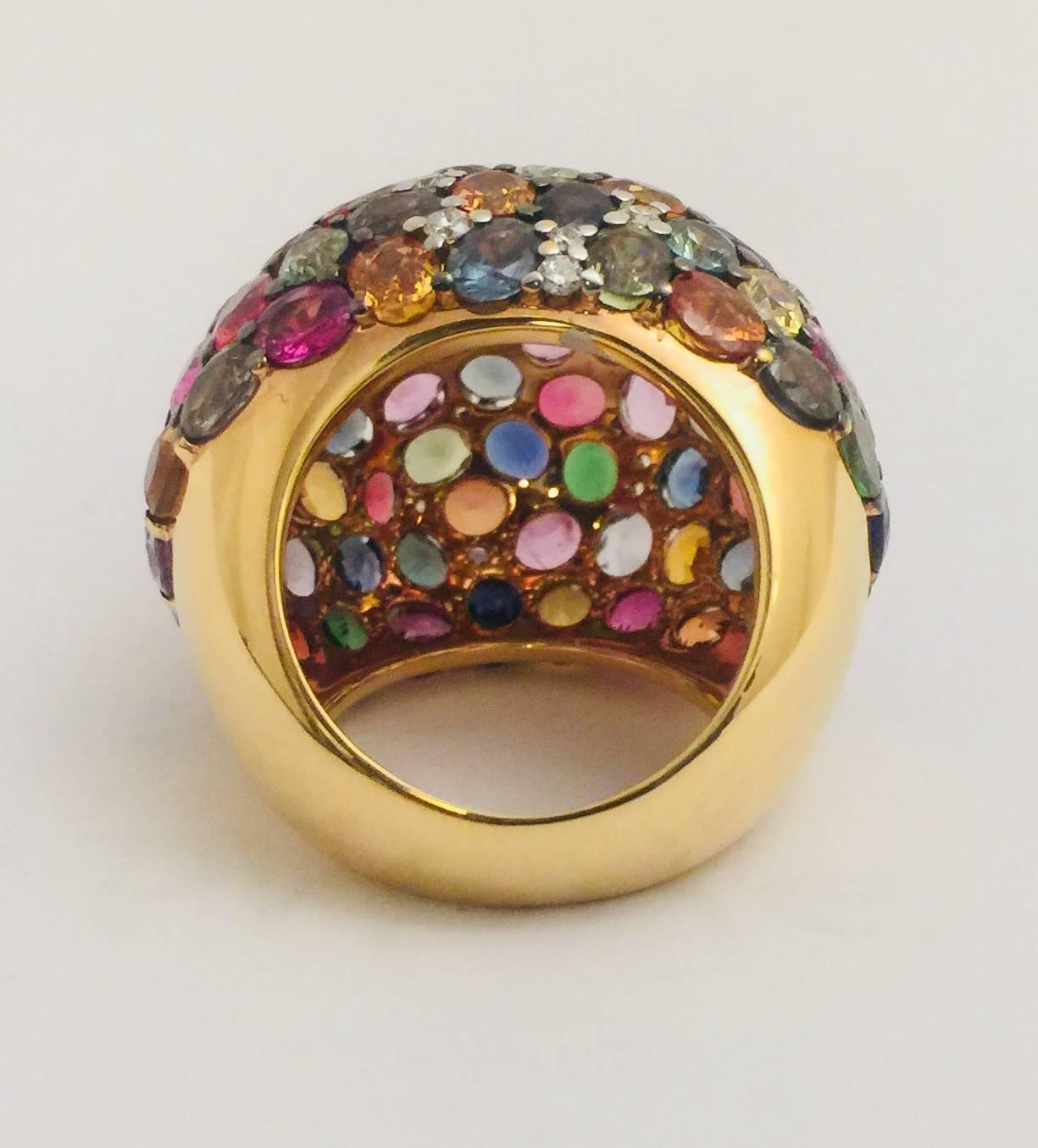 Contemporary 18 Karat Dramatic Dome Ring Multi-Color Sapphires and Diamonds For Sale