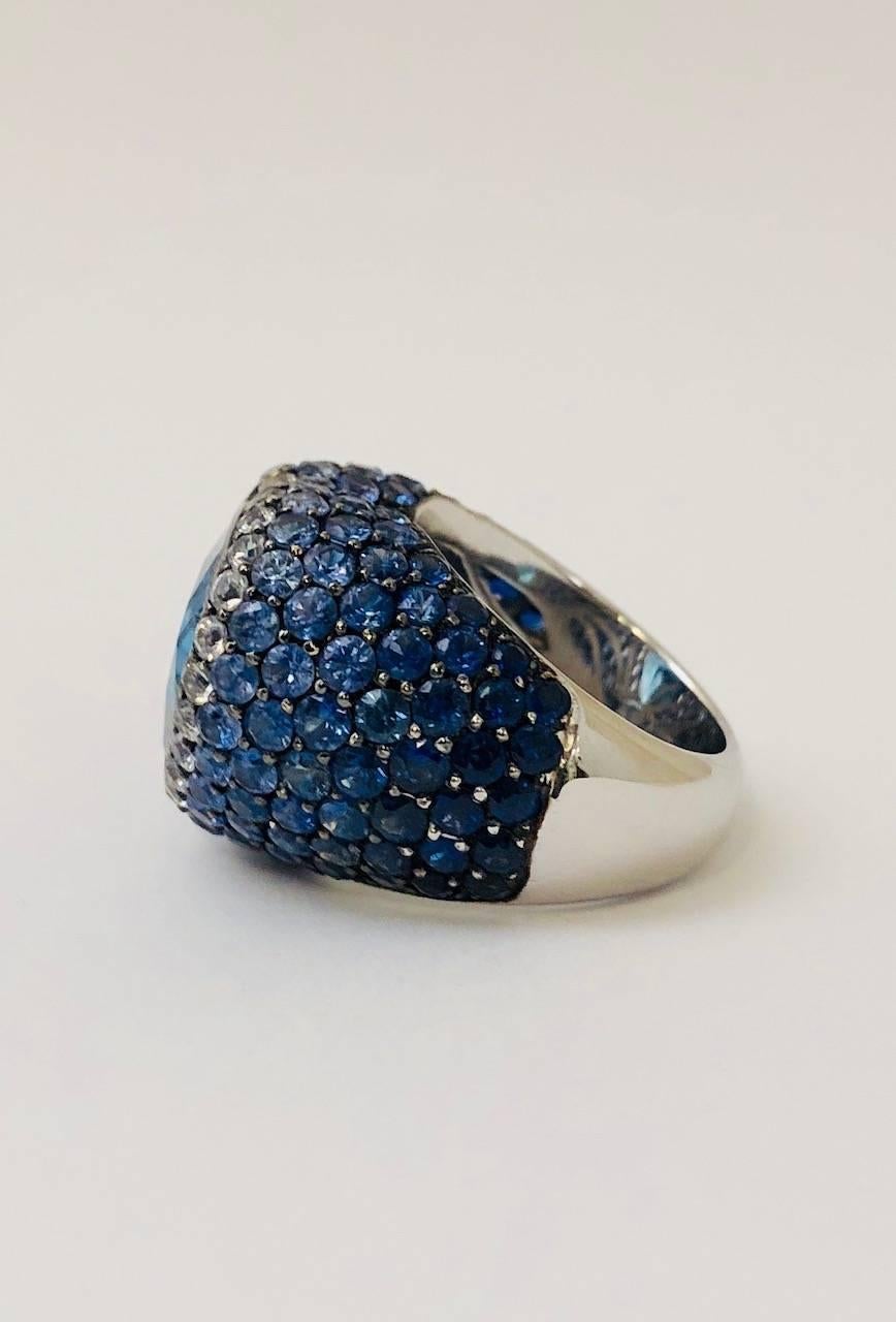 Ombre Blue Topaz and Sapphire Diamond Heart Shaped White Gold Ring  For Sale 1