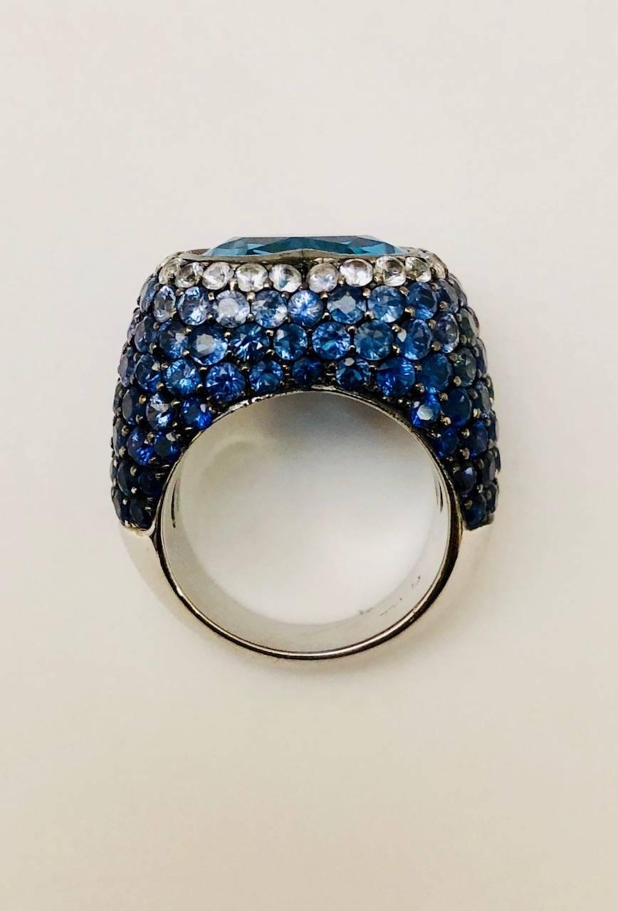 Women's Ombre Blue Topaz and Sapphire Diamond Heart Shaped White Gold Ring  For Sale
