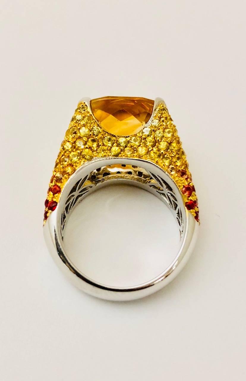Ombre Yellow Citrine Ruby Red Sapphire Gold Ring In Excellent Condition For Sale In Palm Beach, FL