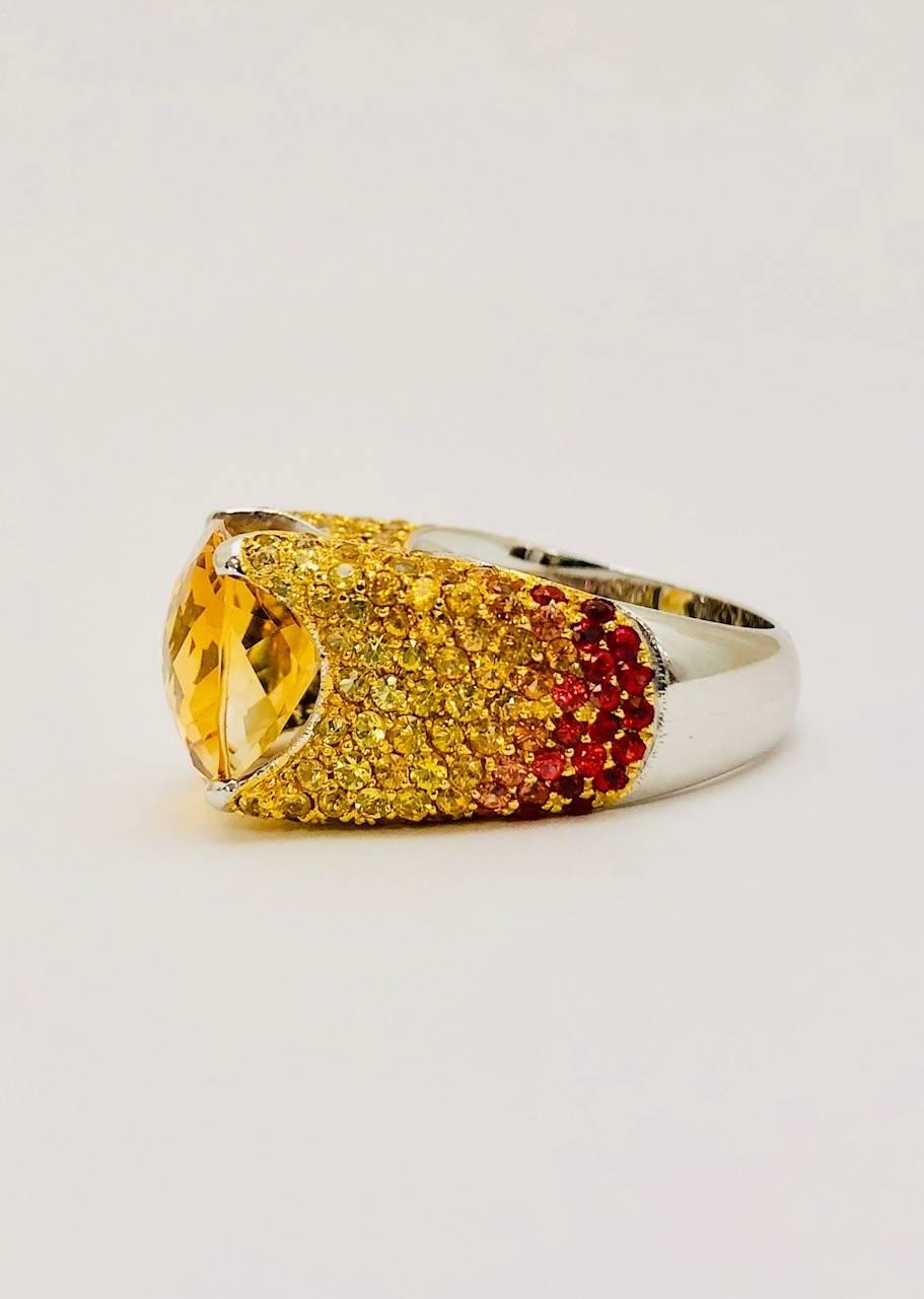 Contemporary Ombre Yellow Citrine Ruby Red Sapphire Gold Ring For Sale