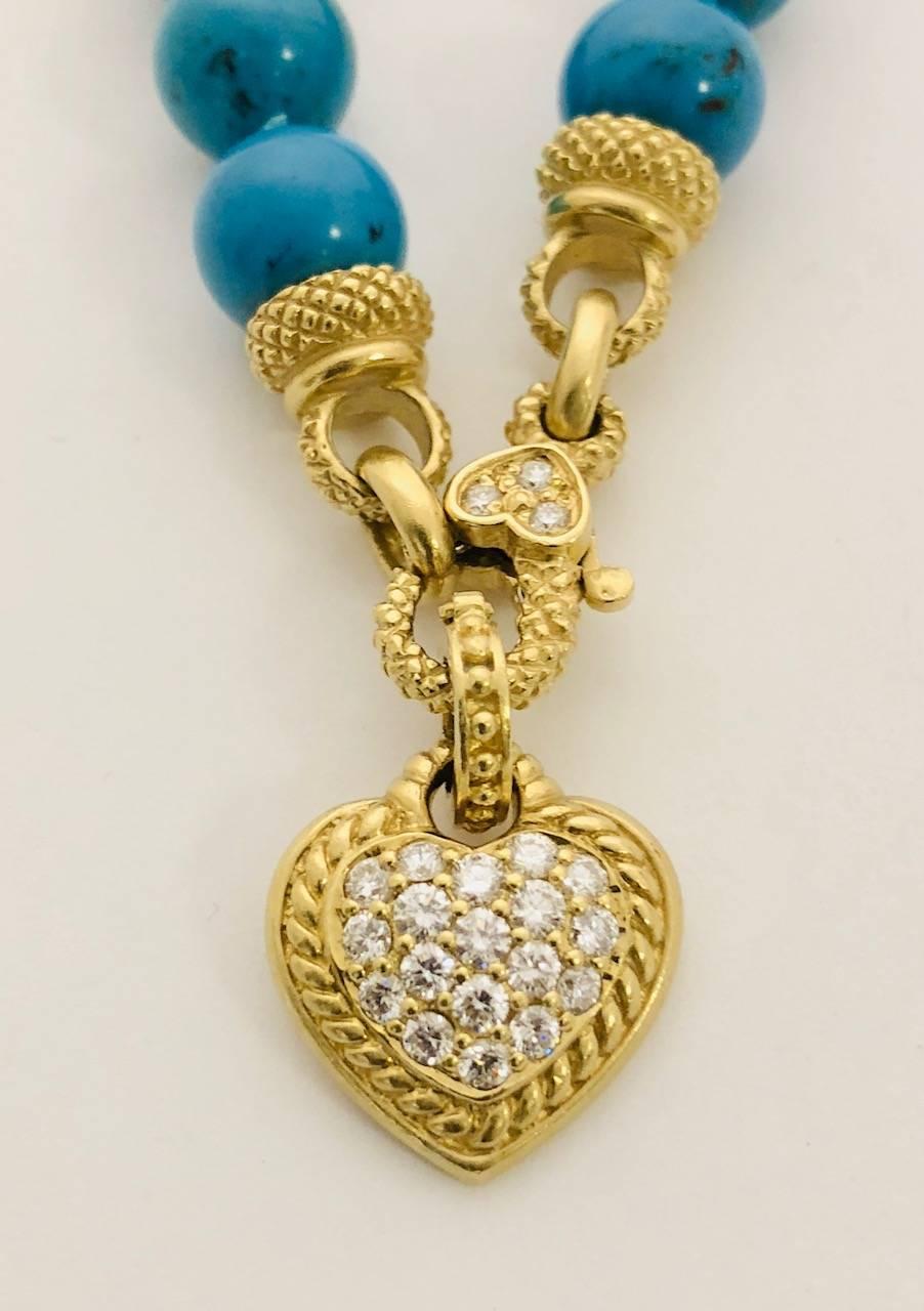 Judith Ripka designs are recognizable at a glance!  Her pieces transcend time and trends.  This oh, so wearable necklace features 11 mm veined turquoise beads measuring 11 mm each and double knotted.  Now the fun begins!  Knobby 18 karat yellow gold