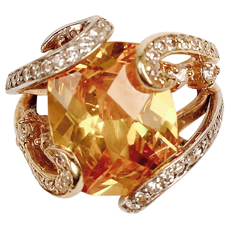 Yellow Citrine Diamond Gold Ring For Sale