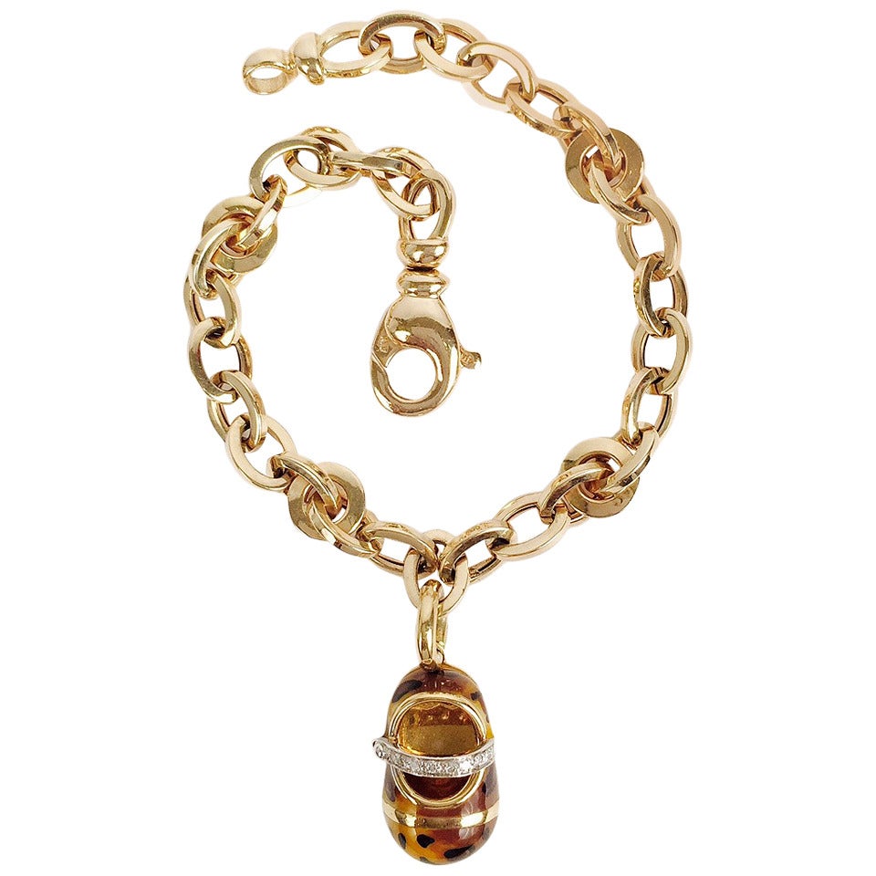 Iconic Aaron Basha Enamel Diamond Gold Baby Shoe on Gold Charm Bracelet For Sale