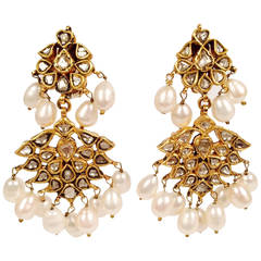 Rare Pearl Macle Diamond Gold Chandelier Earrings