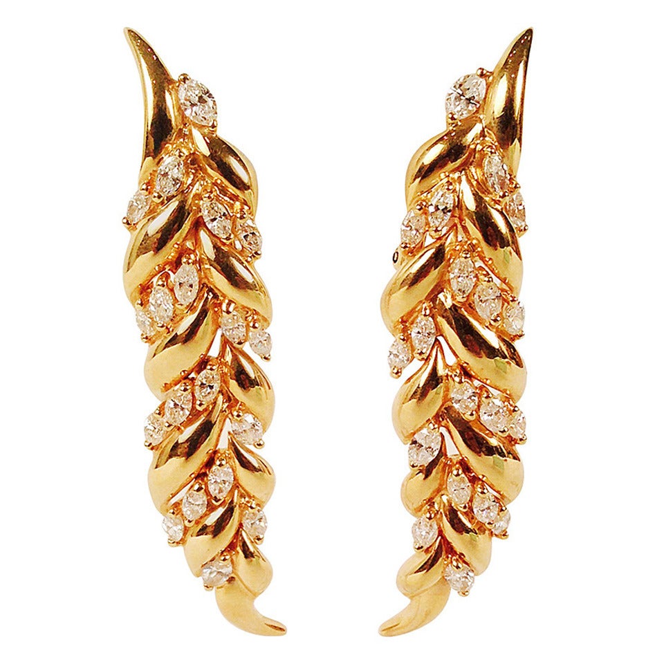 Diamond Gold Articulated Leaf Earrings