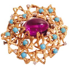 Andrew Grima Turquoise Cabochon Amethyst Diamond Gold Brooch