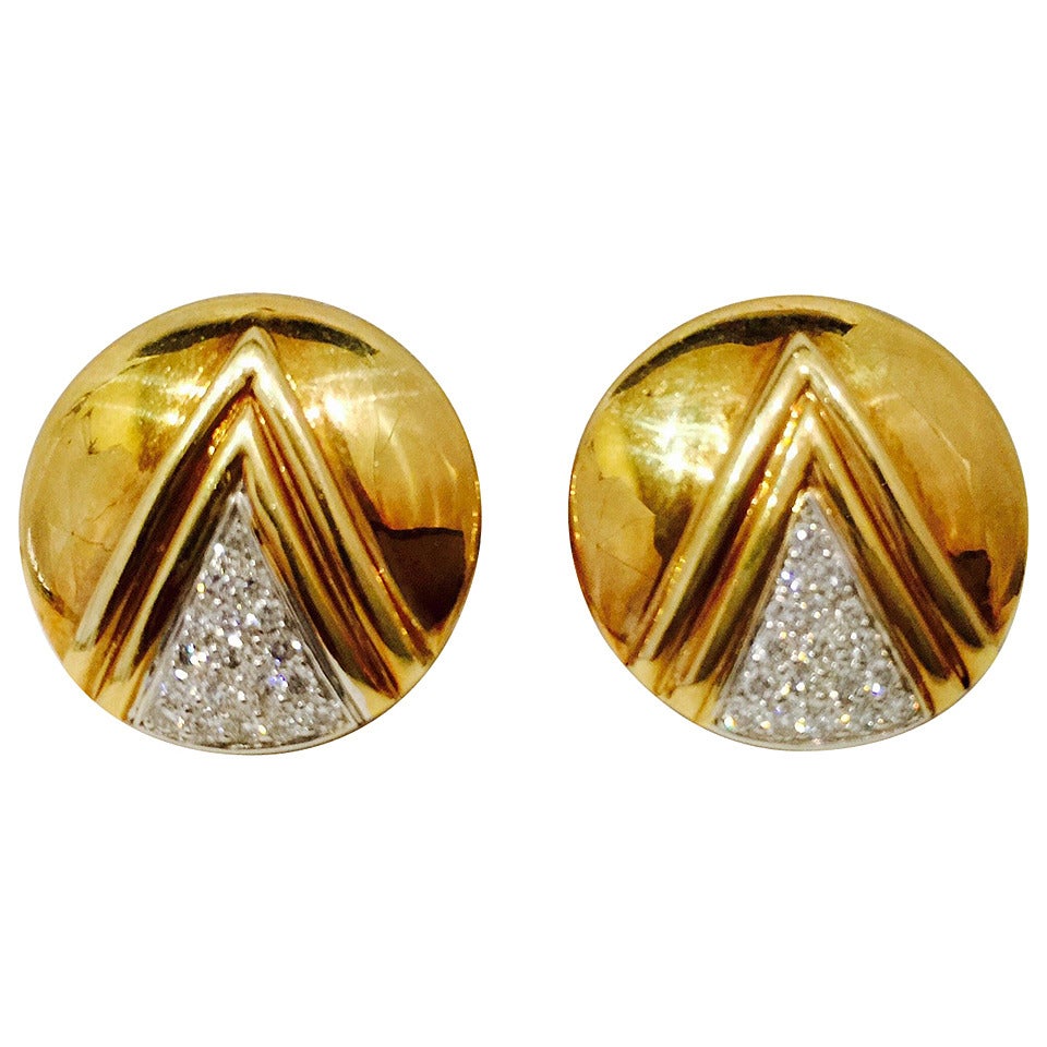 18 Karat Diamond and Yellow Gold Disc Earrings For Sale