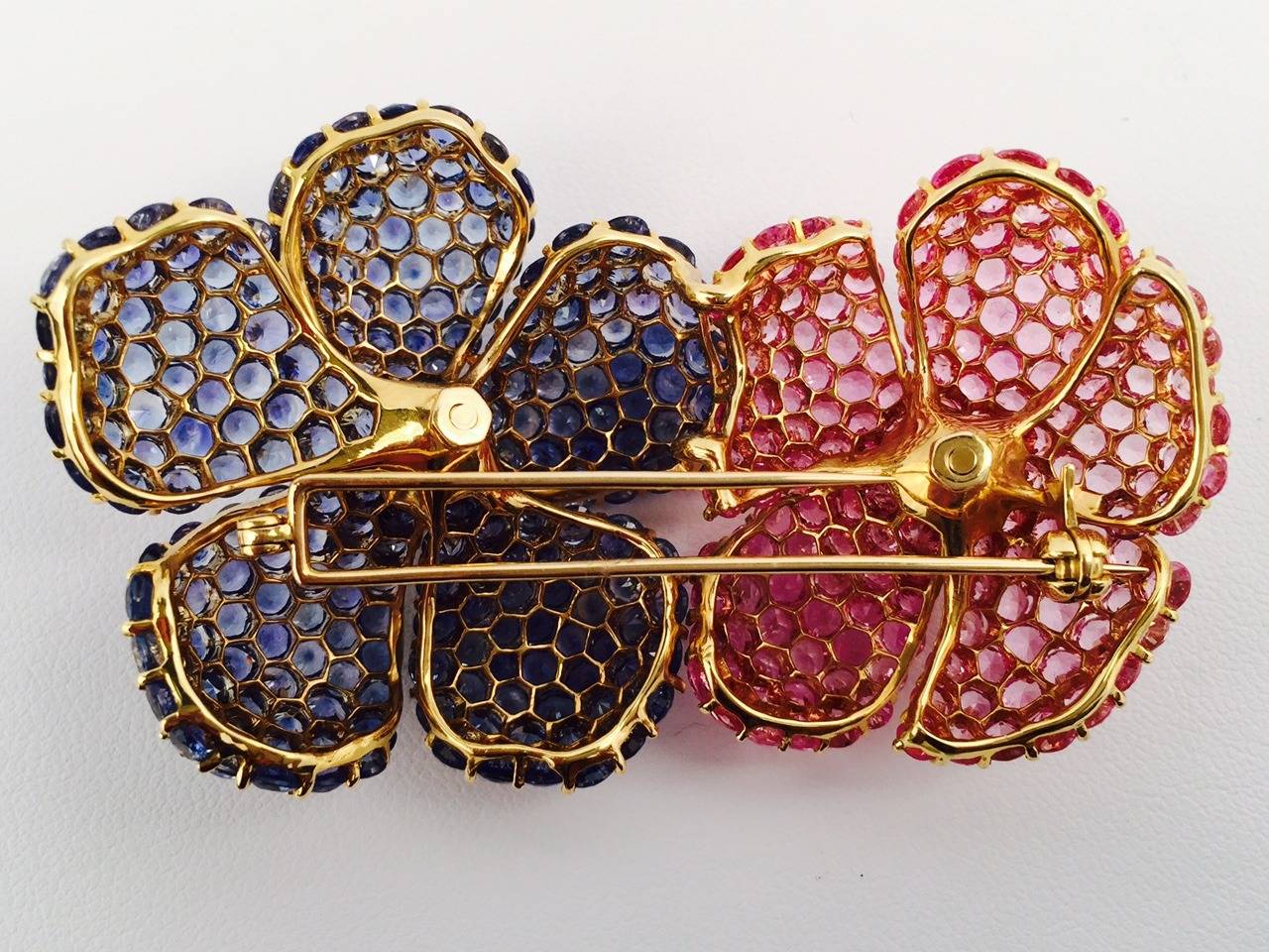 Modern Pink and Blue Sapphire Gold Double Flower Brooch