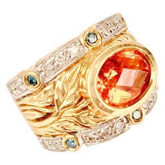 Green Aquamarine, Citrine and Diamond Gold Band Ring