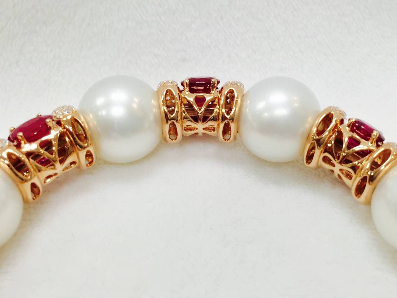 Pearl Ruby Diamond Gold Open End Bangle Bracelet For Sale at 1stdibs