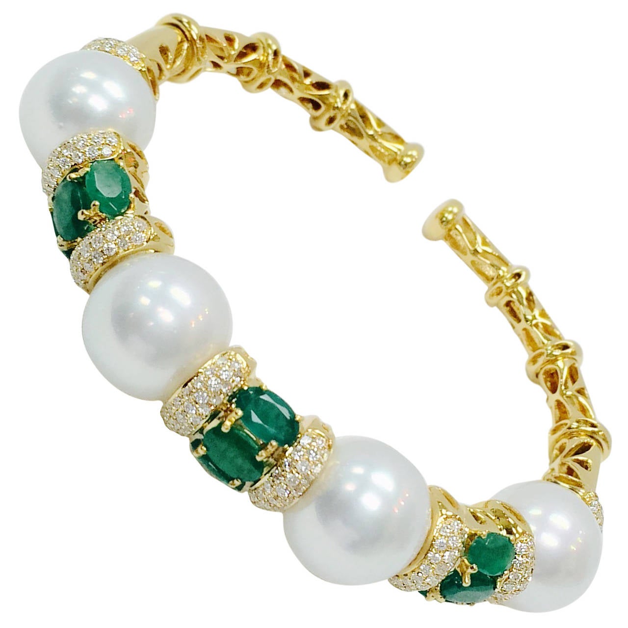 Pearl Emerald Diamond Gold Open End Bangle Bracelet For Sale at 1stDibs