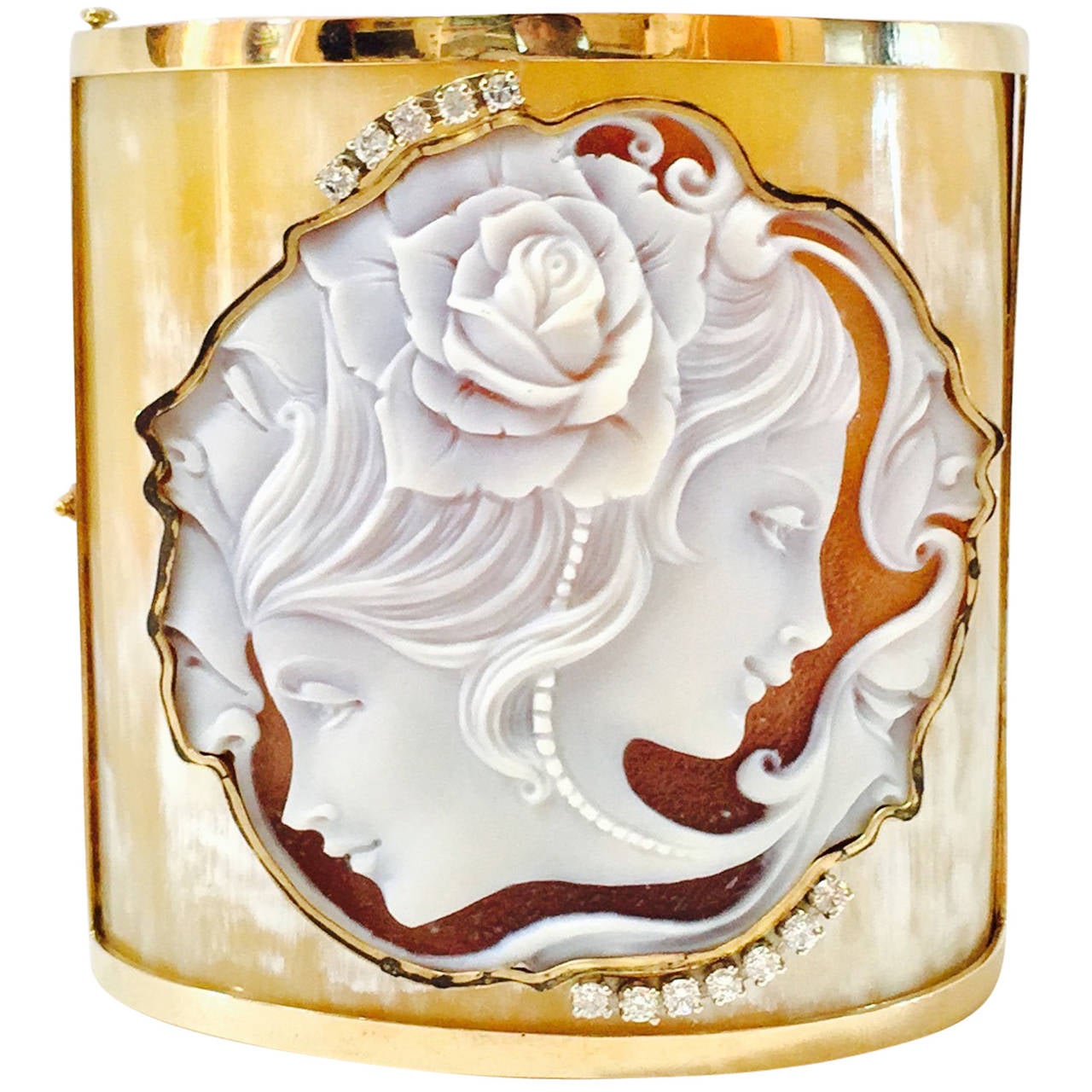 Stunning Italian Shell Cameo Buffalo Horn Cuff