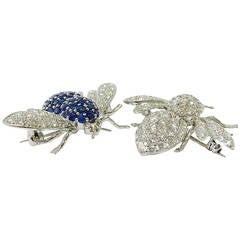 A Pair of  Diamond Sapphire Bee Brooches