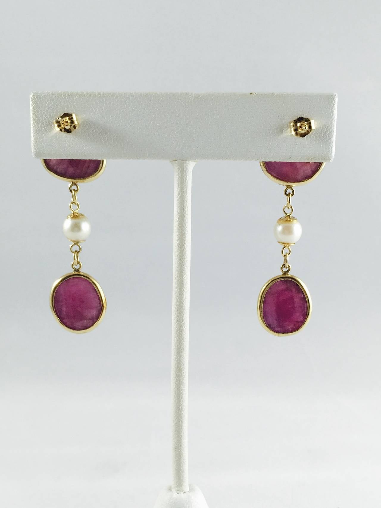 Contemporary Gorgeous Pearl Ruby Gold Dangle Earrings For Sale