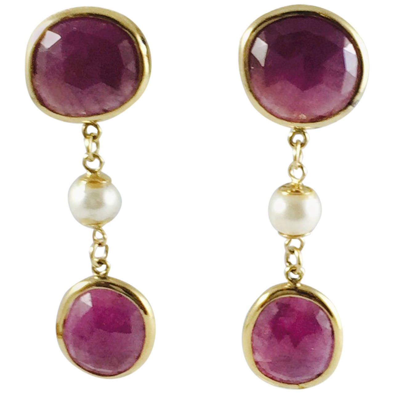 Gorgeous Pearl Ruby Gold Dangle Earrings For Sale at 1stDibs