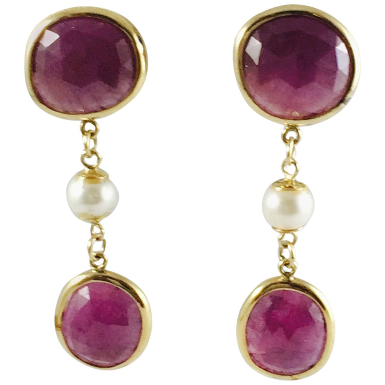 Gorgeous Pearl Ruby Gold Dangle Earrings For Sale