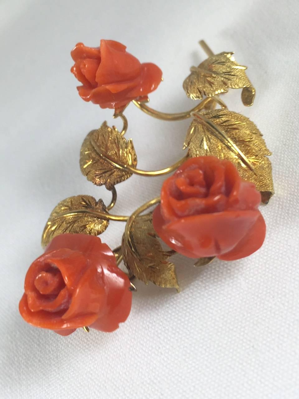 Contemporary Mediterranean Coral Gold Rose Flower Brooch