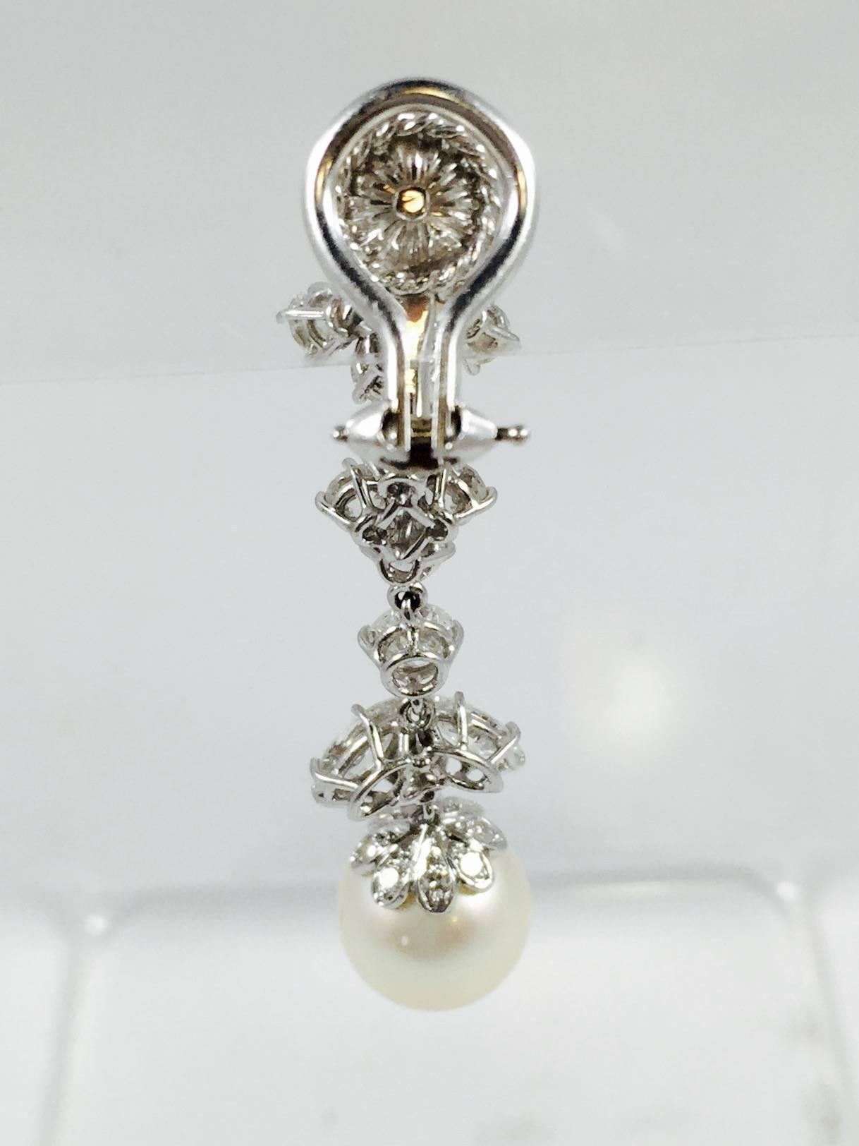 Contemporary Pearl Diamond Platinum Dangle Earrings For Sale