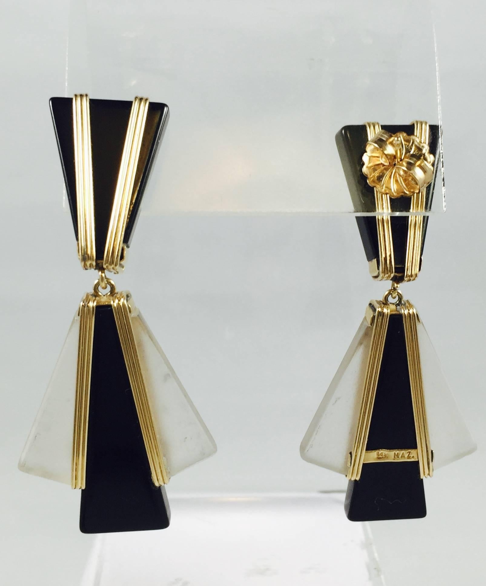 Art Deco Onyx Crystal Gold Drop Earrings For Sale
