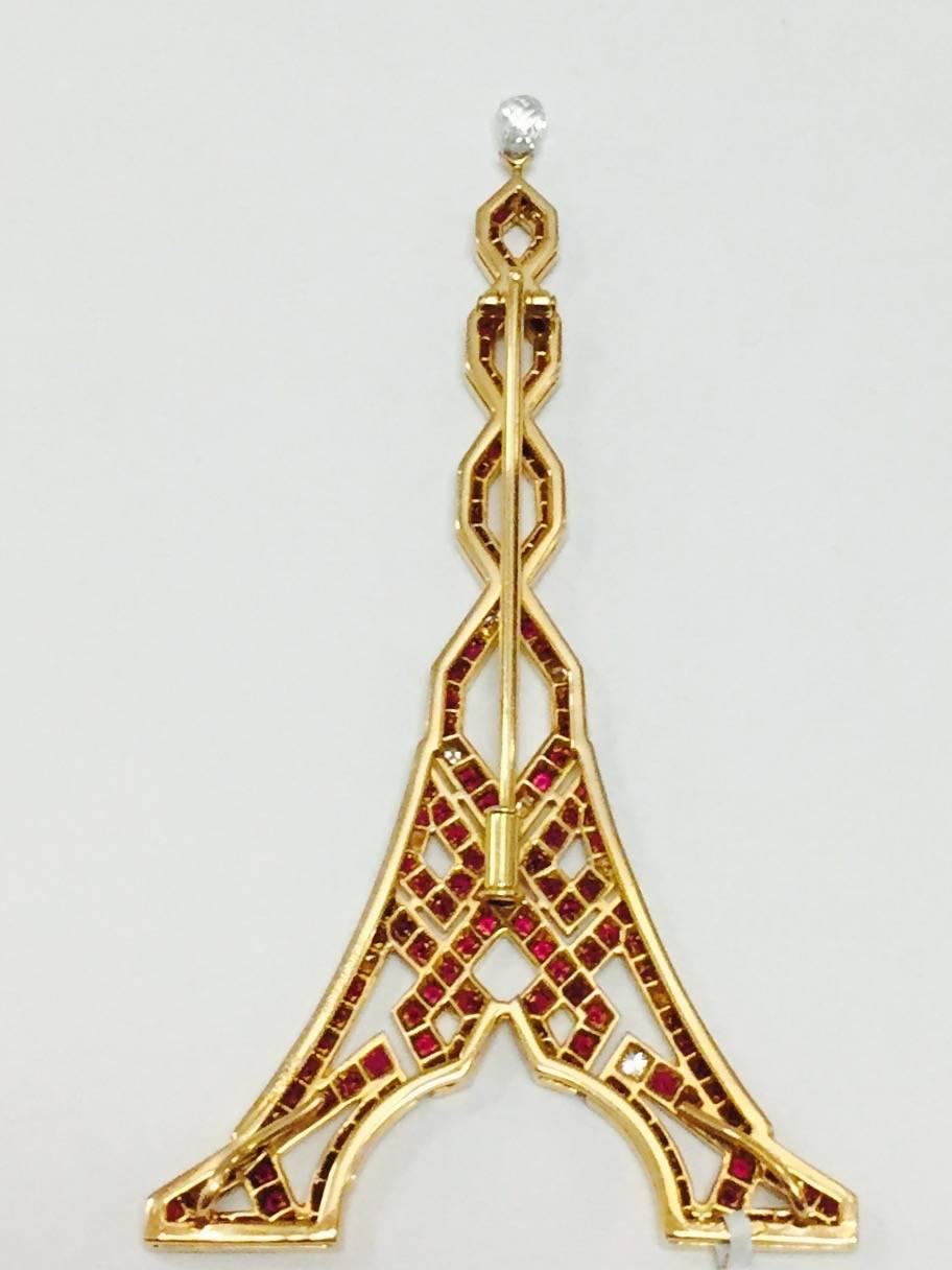 Contemporary Boucheron Ruby Diamond Gold Eiffel Tower Brooch For Sale