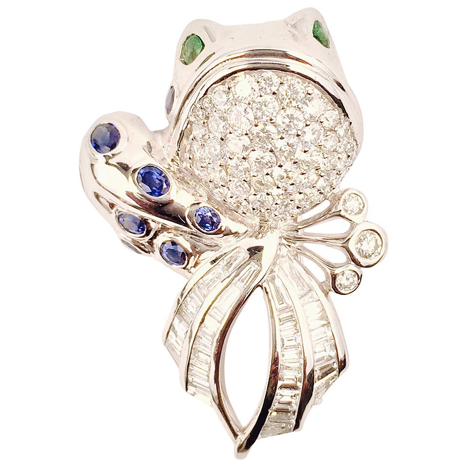 Sapphire Diamond Gold Frog Brooch with Tsavorite Eyes For Sale