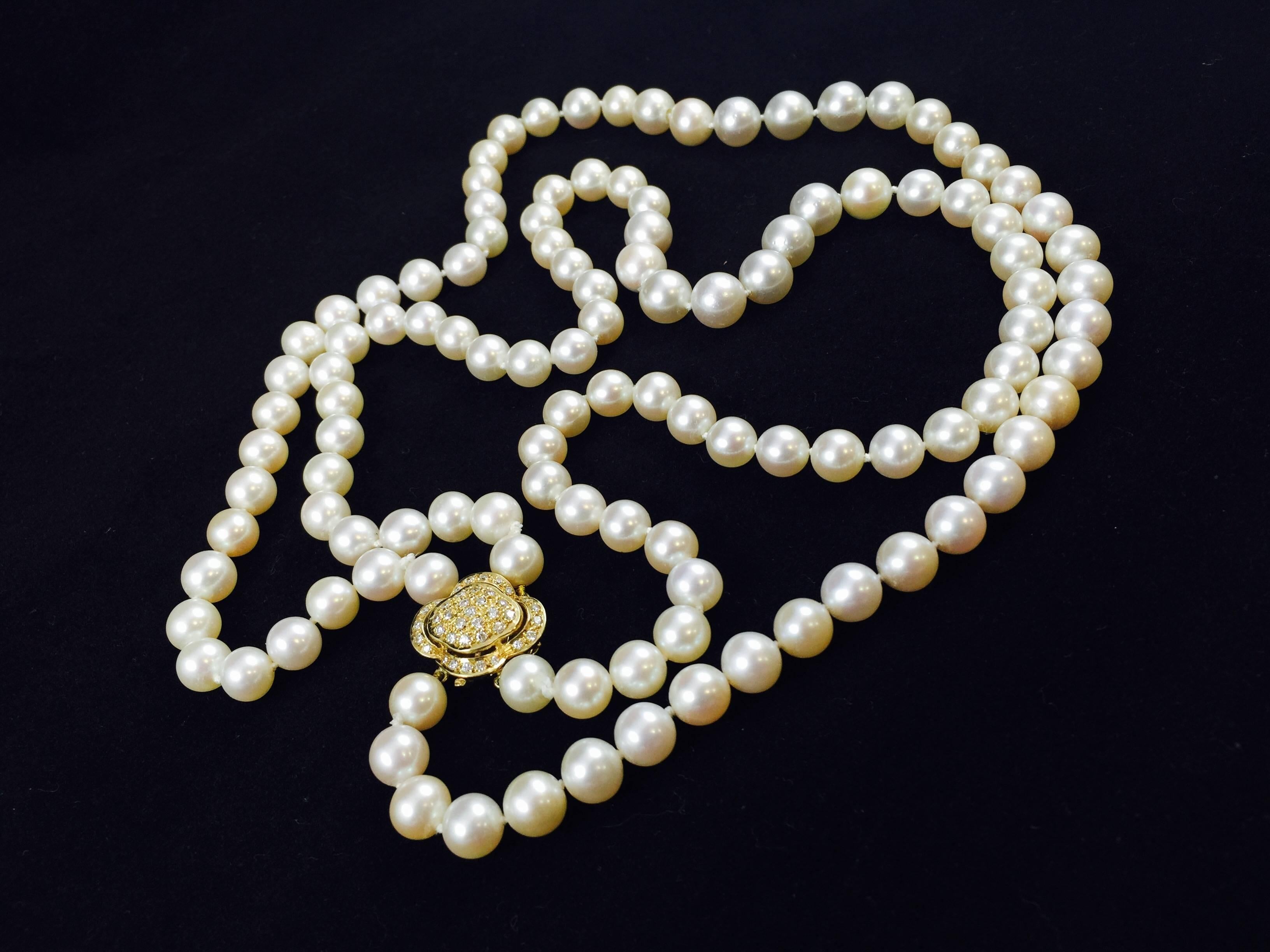 Contemporary Classic Double Strand Pearl Necklace Diamond Clasp For Sale