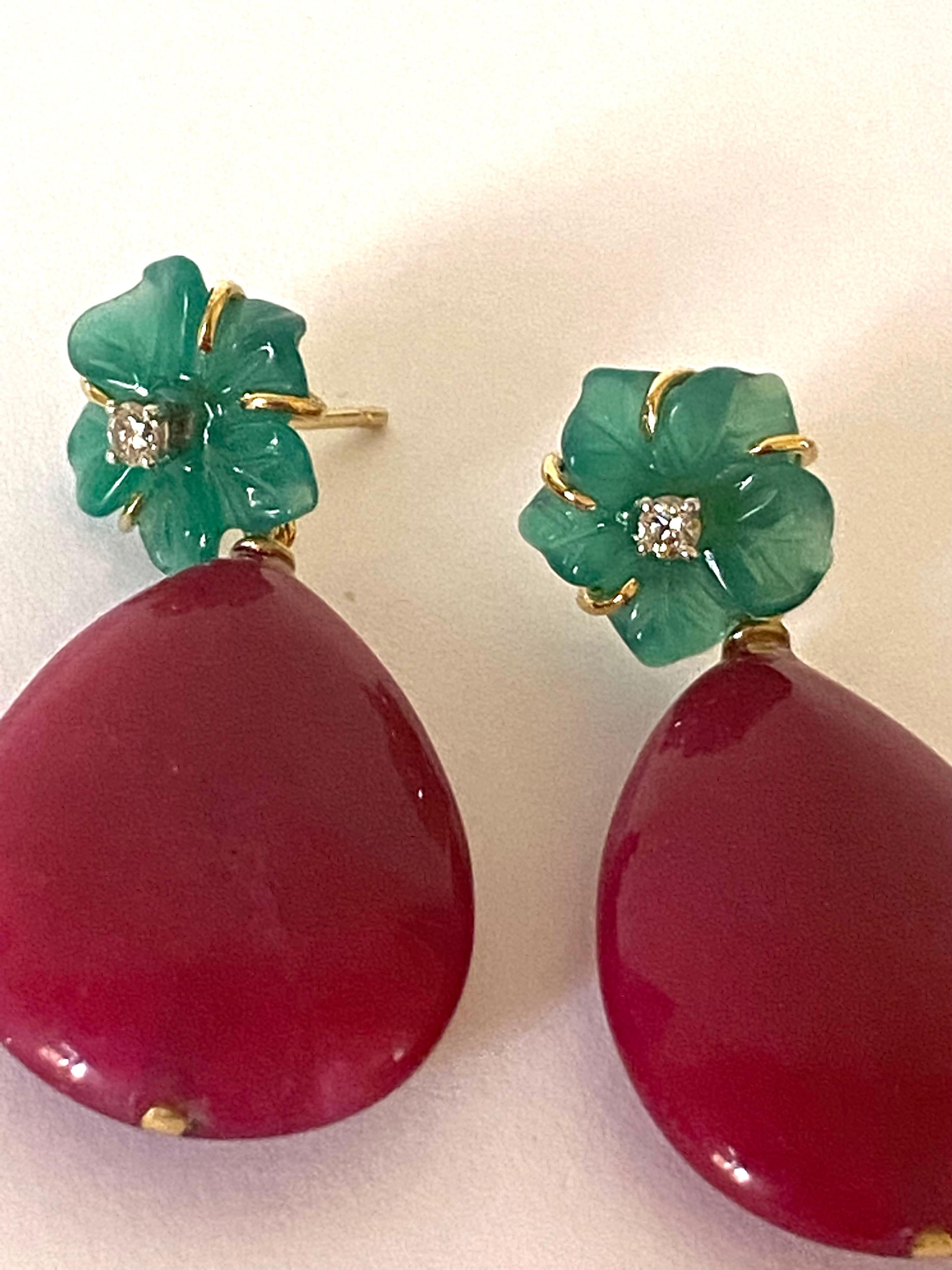 18K Yellow Gold Deep Red Jade Green Agate Diamonds Happy Flower Dangle Earrings 4