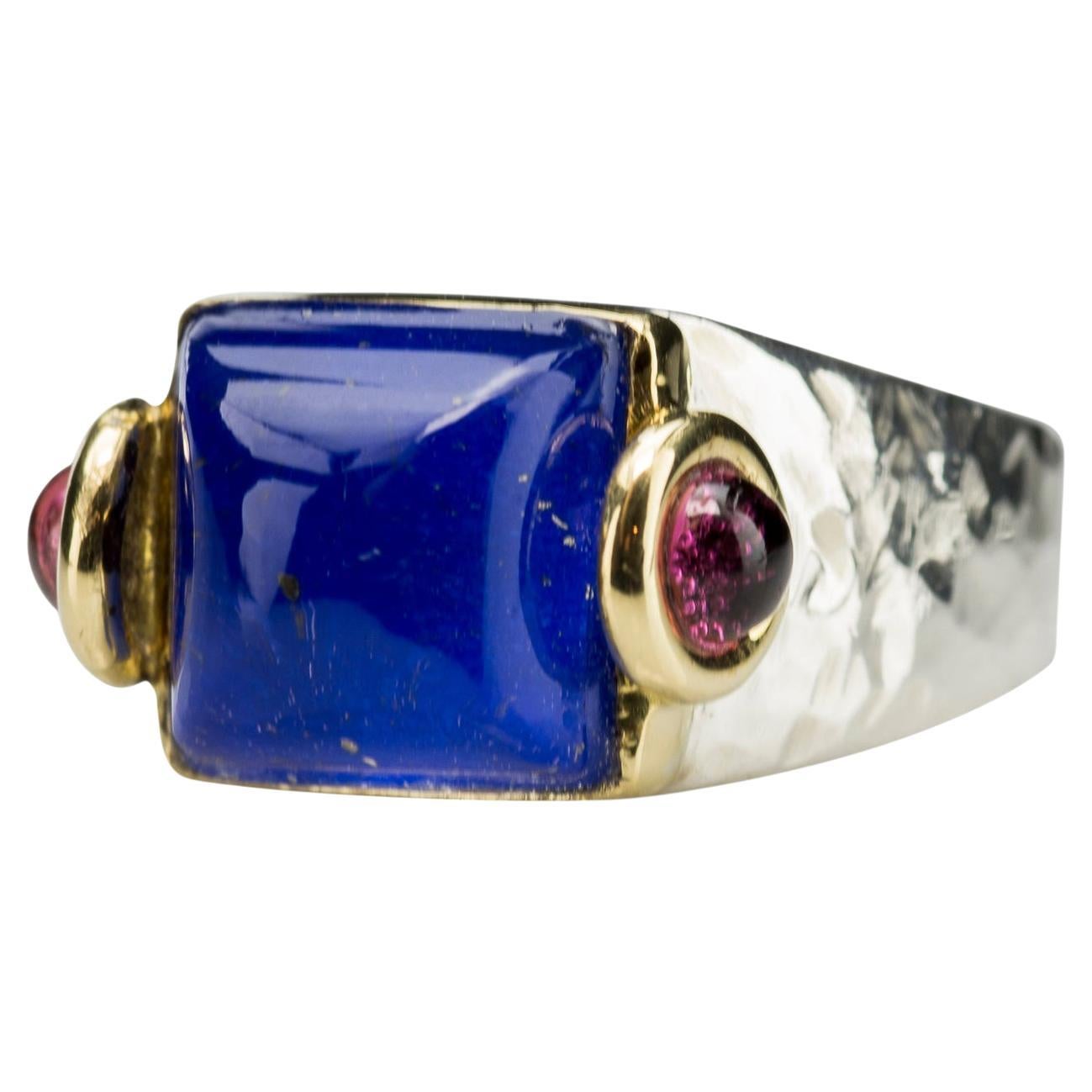 Unisex Gold Lapislazuli 18 Karat Art Deco Style Handcrafted Modern Design Ring
