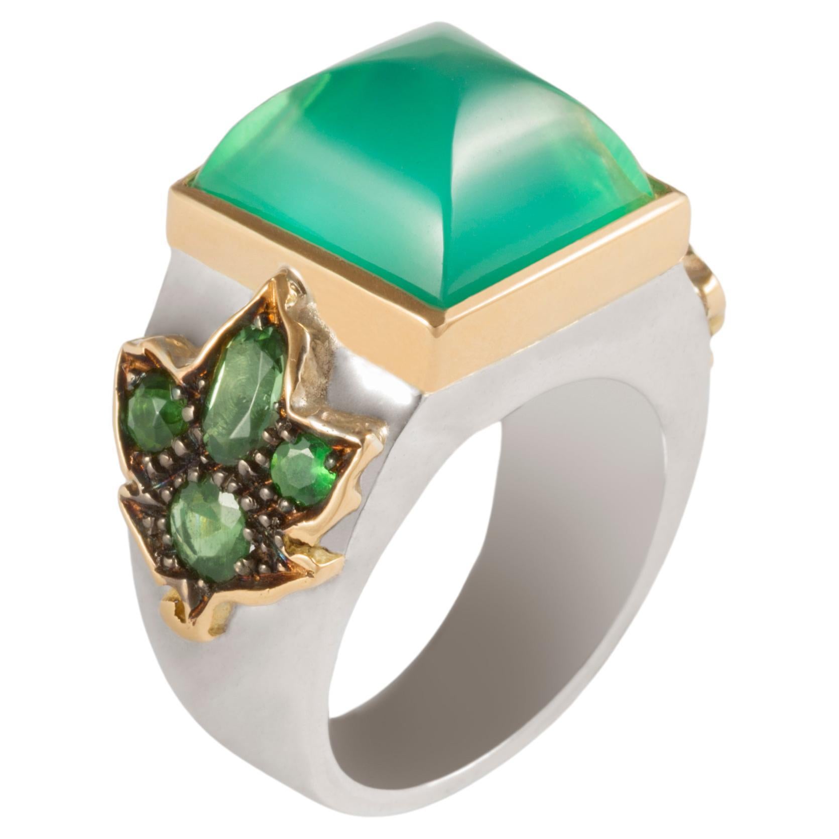 Rossella Ugolini Bold Naturalist Green Agate Cocktail Ring with Tourmalines  For Sale