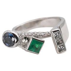 Unique Piece Contemporary 18K White Gold 1.12C Diamond Sapphire Emerald Ring