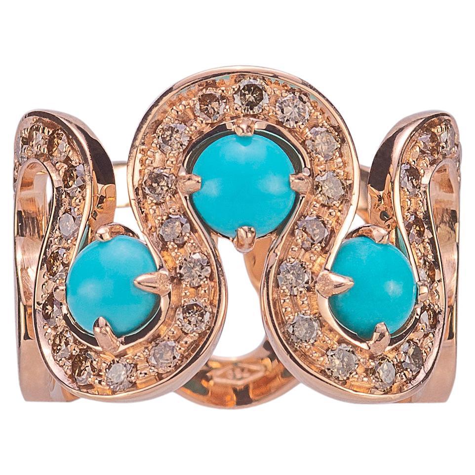 Sea Wave Turquoise 18 Karat Gold 0.87 Karat Brown Diamonds Band Happy Ring For Sale