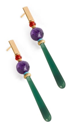 Handcrafted 18 Karat Gold Agate Amethyst Carnelian Turquoise Drops Earrings