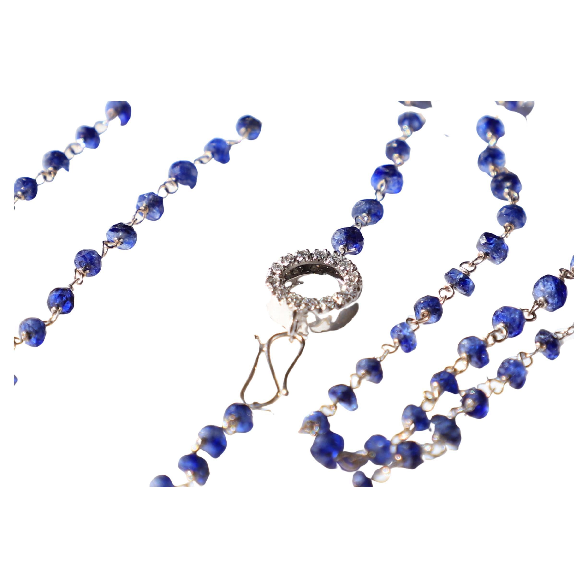 22.2 Carat Sapphire 0.44 Carat White Diamond Handcrafted Beaded 18KGold Necklace For Sale