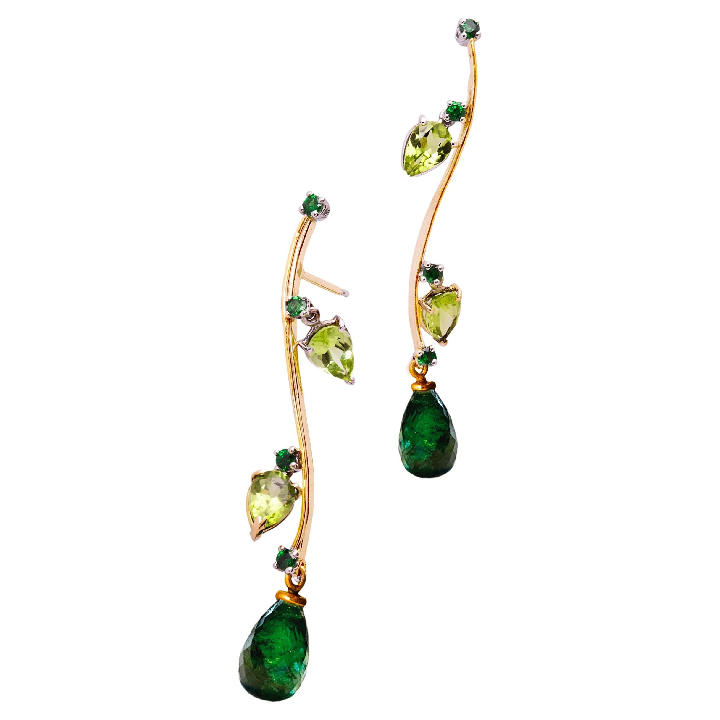 Modern Unique 18 Karat Gold Tsavorite Peridot Design Nature Dangle Earrings For Sale