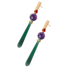 Ohrringe aus 18 Karat Gold mit grünem Achat, Amethyst, Karneol und Türkis-Perlen