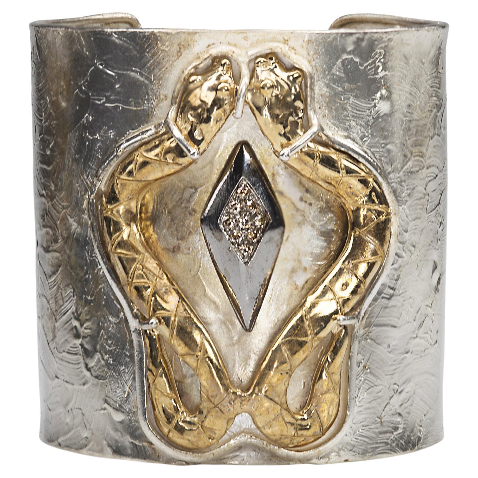 Cuff Bracelet 0.20 Kt Diamond 24 Kt Gold Plated Silver Sensual Snake 