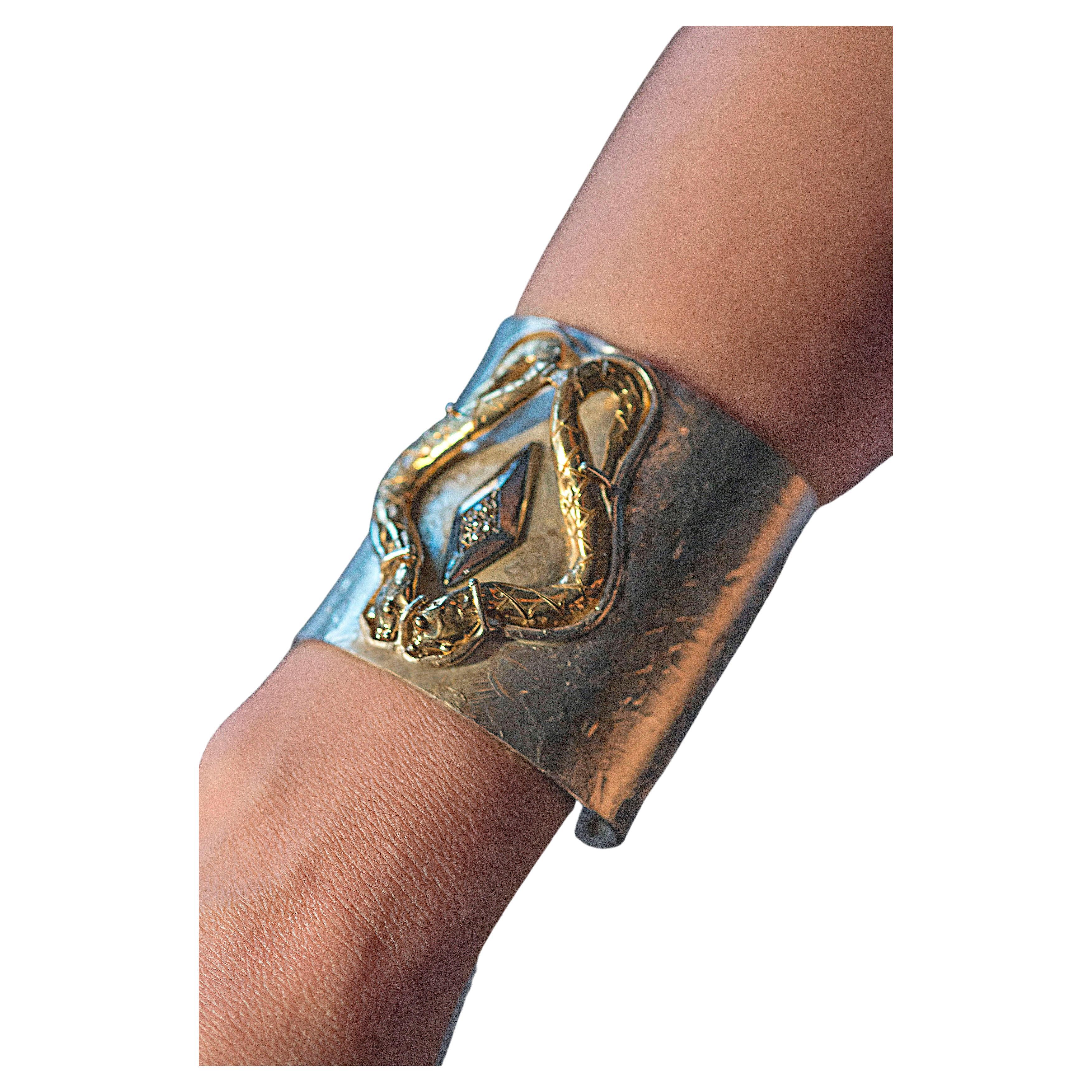 Women's Fierce Snake Cuff 24K Gold Plated Brown Diamond Handcrafted Italy For Sale