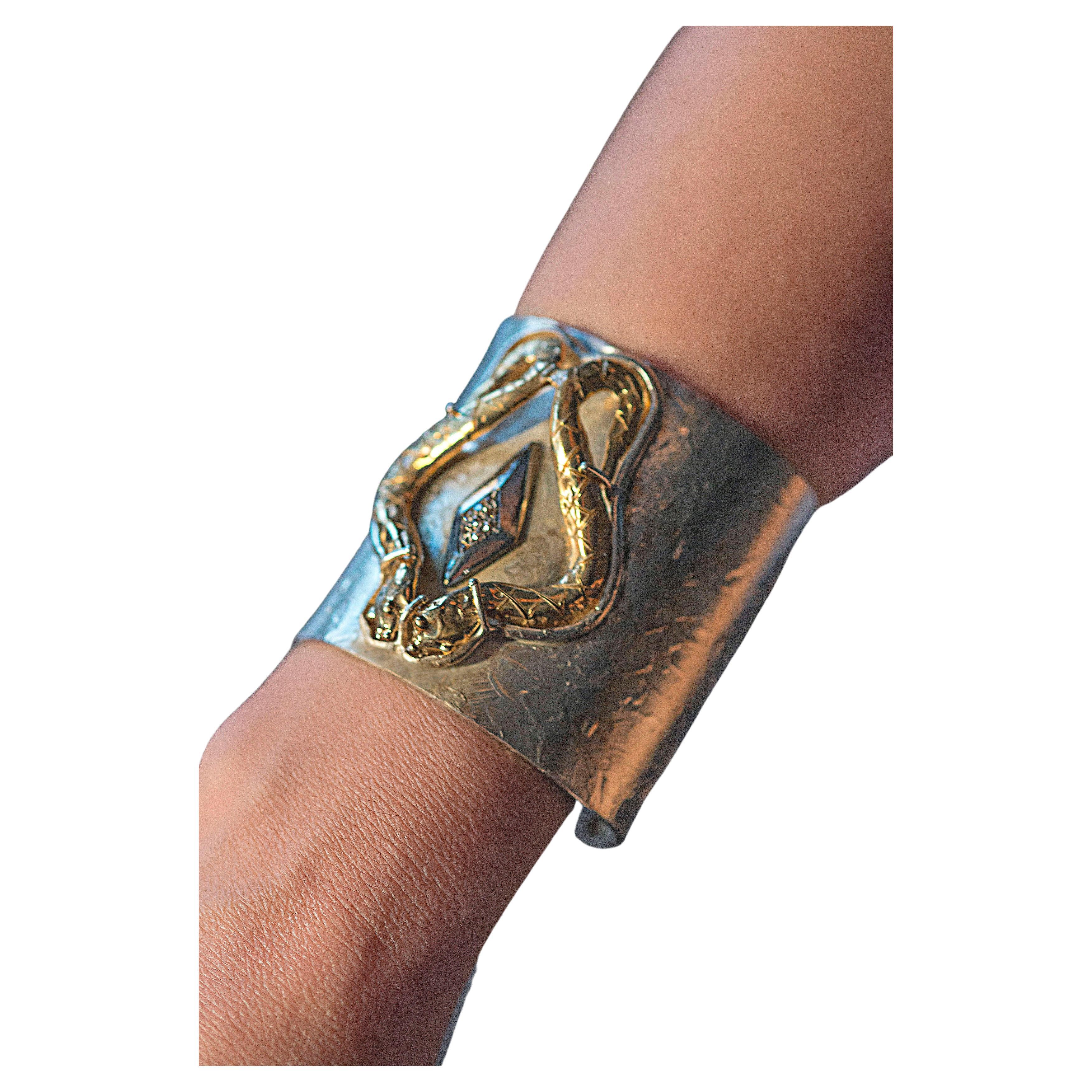 Women's Fierce Snake Cuff 24K Gold Plated Brown Diamond Handcrafted Italy  For Sale