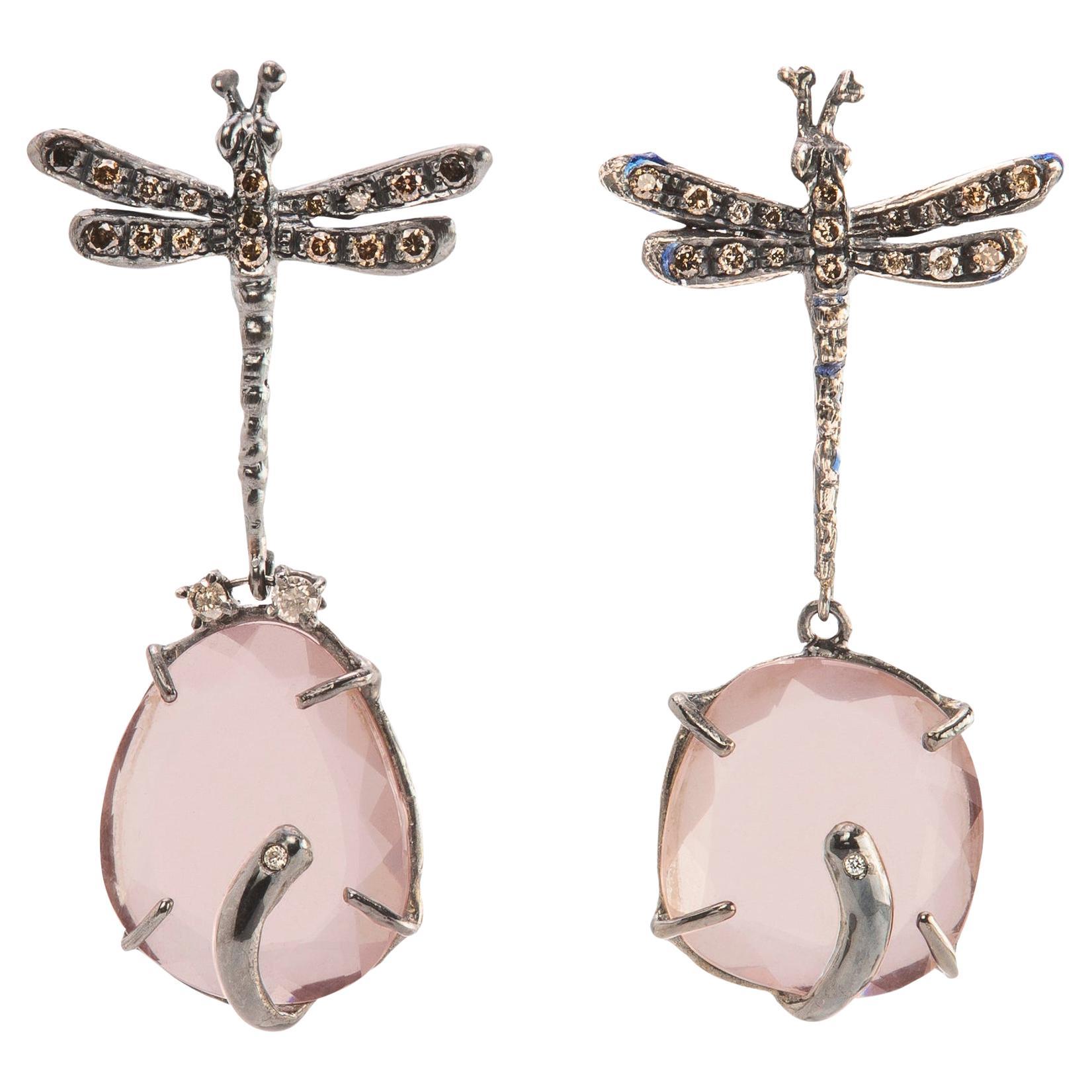 Rossella Ugolini Boucles d'oreilles pendantes Nature en quartz rose 0.50 carats et diamants