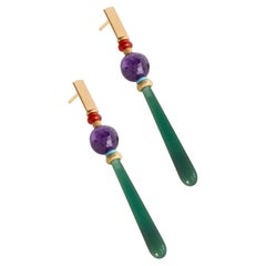 Handcrafted 18 Karat Gold Agate Amethyst Carnelian Turquoise Drops Earrings